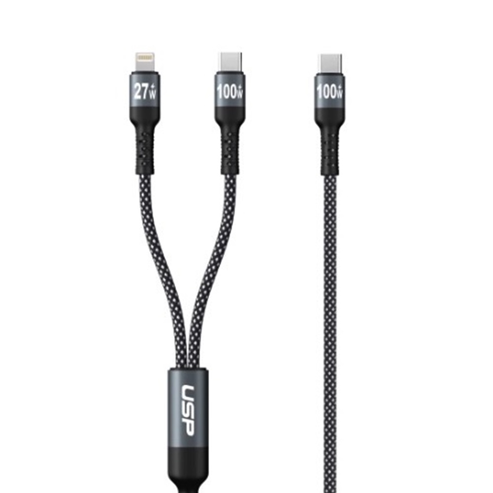 USP Braided 2-in-1 USB-C to Lighting (27W) + USB-C (100W)
