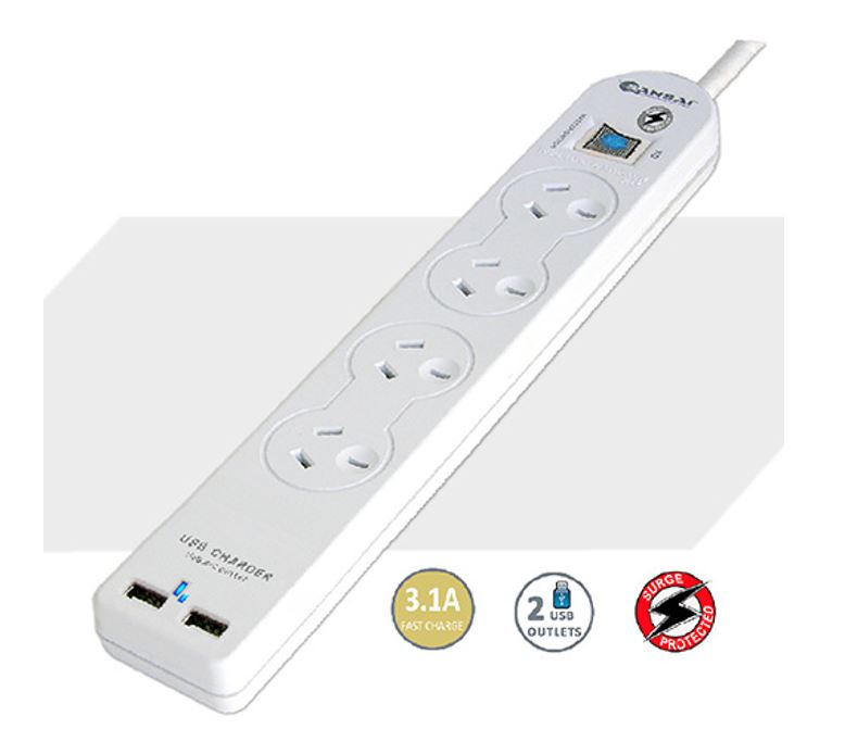 Sansai 4 Way Basic Powerboard USB Ax2 4 Outlets Master